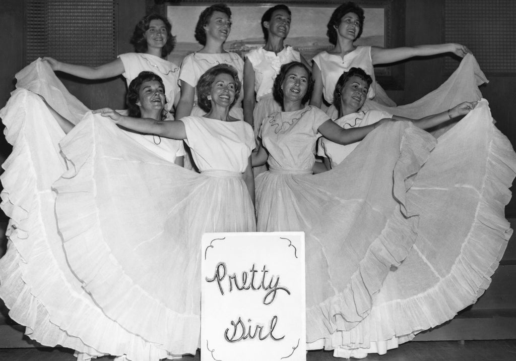 Parkfield’s Annual Review to raise money for the community center, 1960s. Front row, from left: Mary Mayborn, Marilyn Taylor, Barbara Kester and Melda Camsuzou. Back row: Cappy Culver, Fern Kalar, Dulcie Miller and Ruthie Taylor. -- Courtesy Paso Robles Pioneer Museum