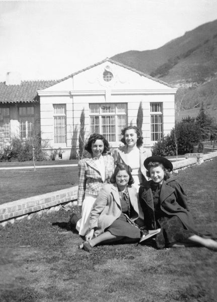 Students in front of San Luis Obispo High School, 1940s. Those identified include Elvira Rodrigues and Anita Hagopean. -- Courtesy John M. Oliveira