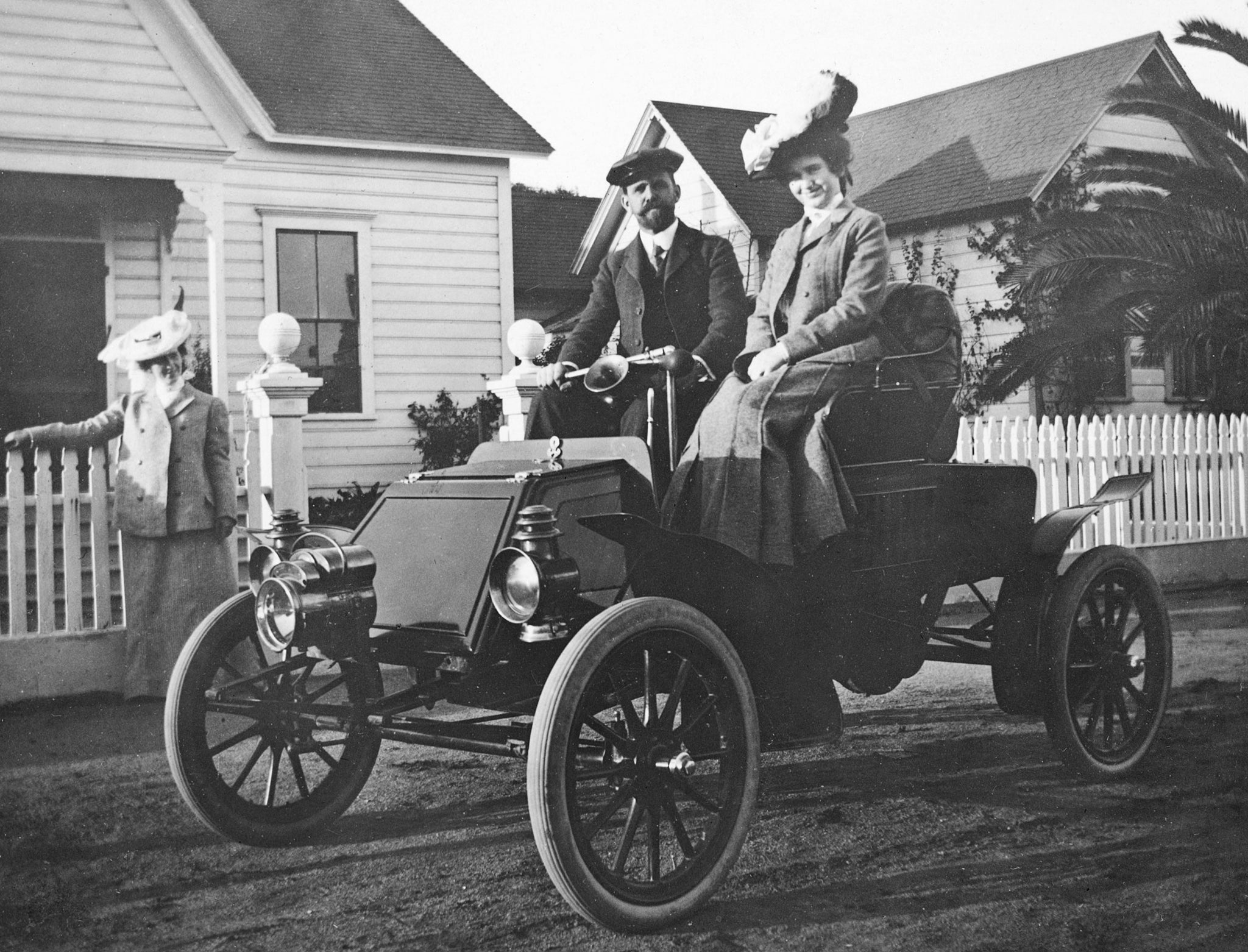 The first automobile in Watsonville, 1902. This 1902 Rambler Model C Runabout was a single-cylinder, six-horsepower vehicle and was truly a horseless carriage using a lever to steer the vehicle. It sold for $750. -- Courtesy of Charles Bergtold