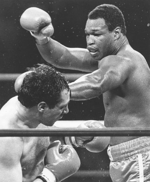 World Boxing Council heavyweight champion Larry Holmes, right, defended his title against Lucien Rodriguez at Scranton's Watres Armory in the NBC-televised match in March 1983. -- Scranton Times-Tribune Archive