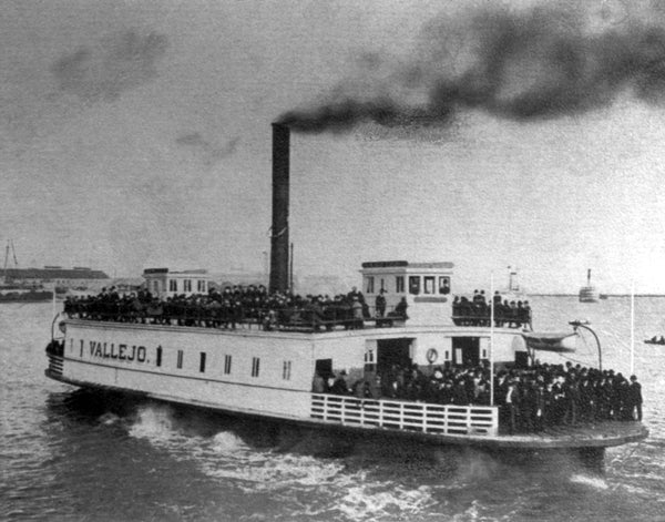The ferry Vallejo arriving at Vallejo from Mare Island, 1908. The ferry is loaded with Mare Island workers. The ferry operated on the Vallejo-Mare Island run from 1879 to 1947. -- Courtesy Vallejo Naval and Historical Museum