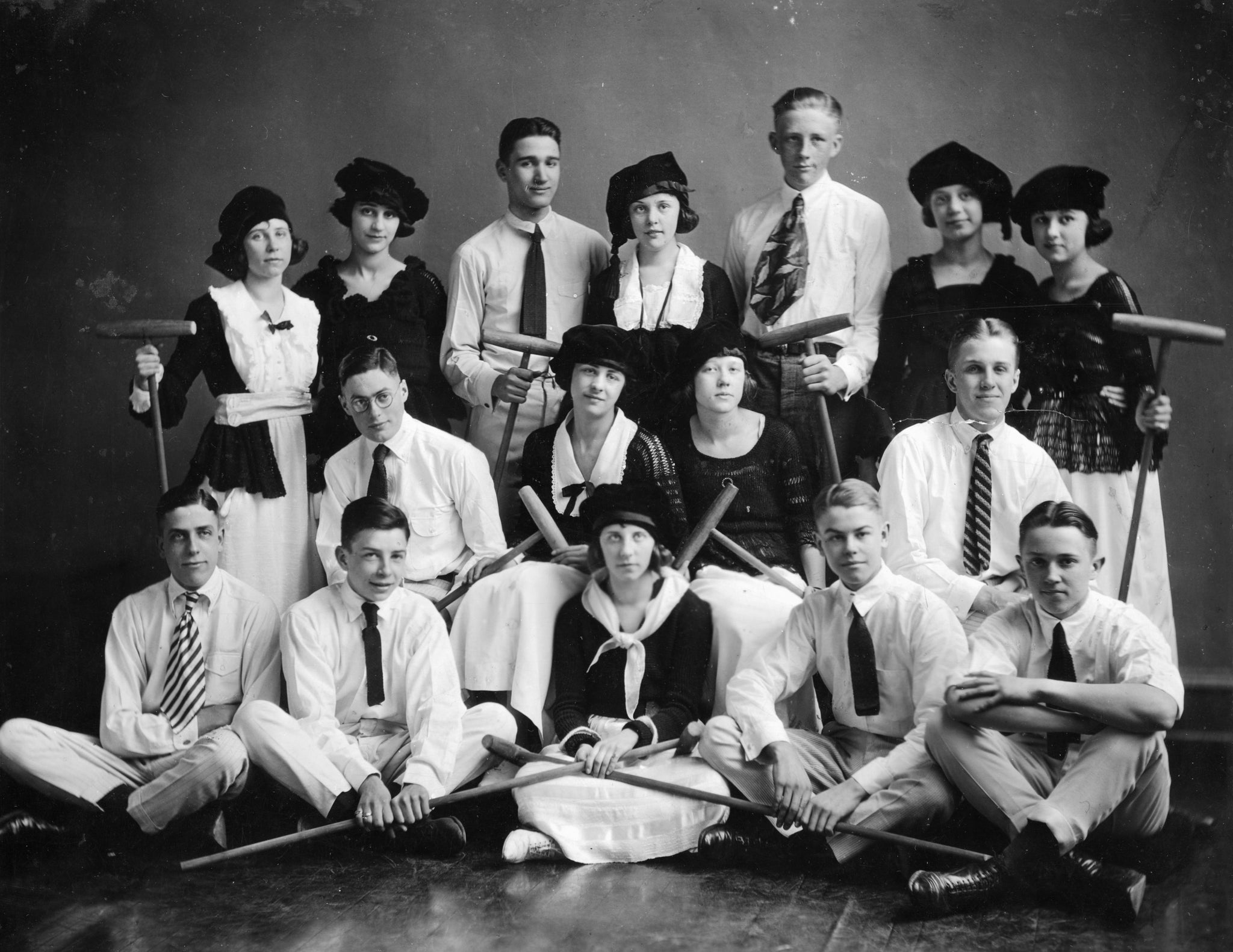 Davenport High School show, circa 1920. Front right is Bix Beiderbecke. His girlfriend, Vera Cox, is back row, second from right. -- Quad-City Times