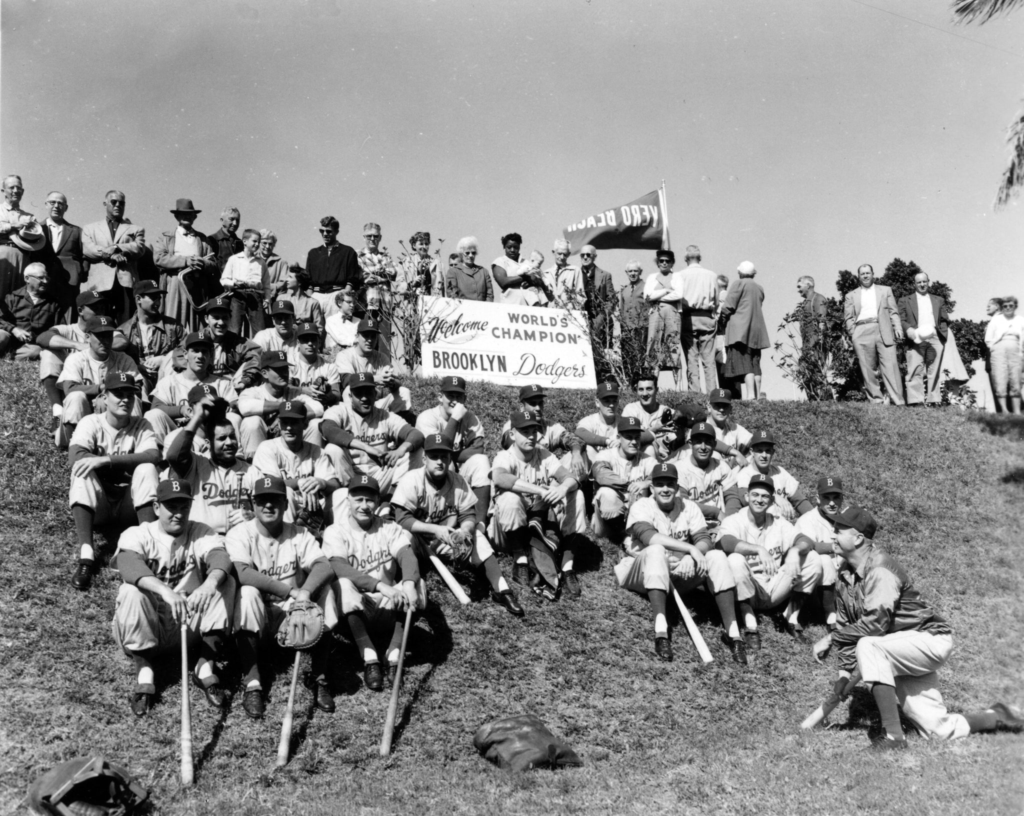 The 1955 World Series champion Brooklyn Dodgers on the berm at Holman Stadium in Vero Beach. -- Indian River County Historical Society Collection, Archive Center, Indian River County Main Library