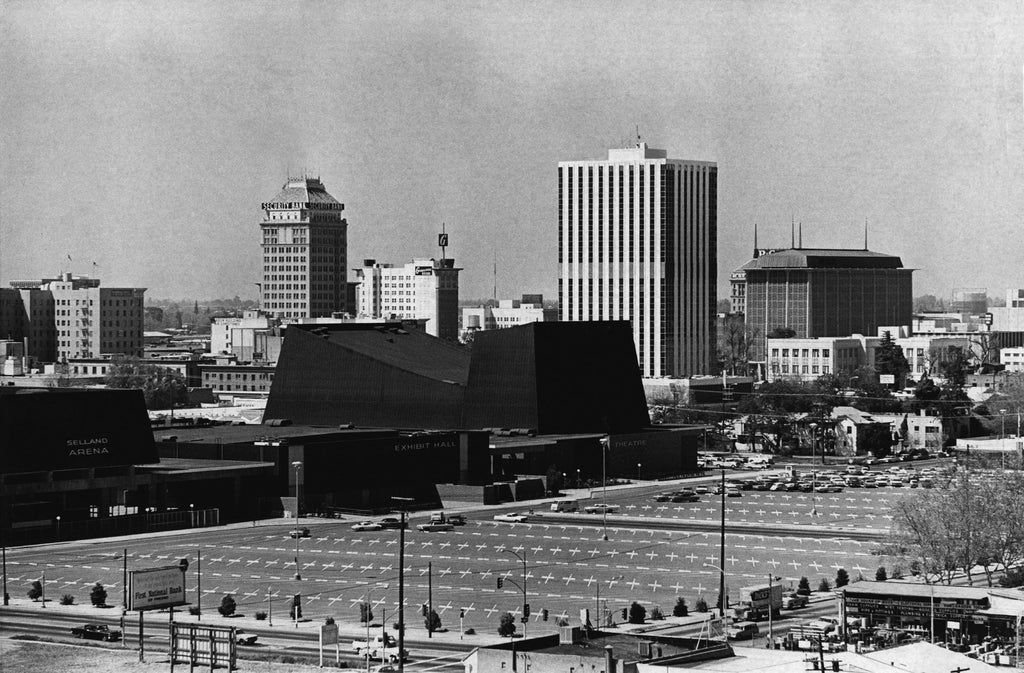 Fresno’s downtown skyline from a spot south of the Convention Center, 1968. Behind the convention complex can be seen, from left, the Hotel Californian, Security Bank Building, Fresno Guarantee Building, Del Webb’s Towne House, the Pacific Gas and Electric Co. Building and the new Fresno County Courthouse. -- Courtesy of The Fresno Bee