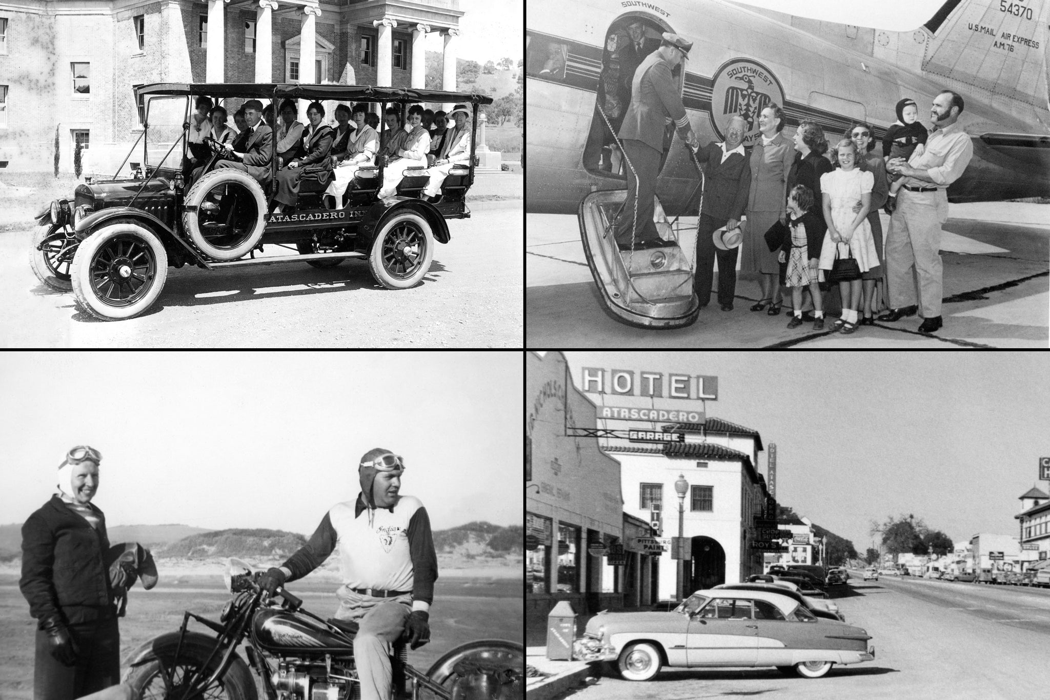 From top left, clockwise: 1)  A touring bus from Atascadero Inn in front of the Atascadero administration building, circa 1920. 2)  Exline Brown of Paso Robles making the first commercial flight into Paso Robles airport, 1949. Exline’s father, Joe F. Brown, is shaking Exline’s hand. Also pictured are Exline’s mother, sister, brother, nieces and nephews. 3)  View of El Camino Real, Atascadero, 1951. 4) Margaret and Joe C. Brown with their Indian 4 motorcycle, Atascadero Beach, south of Morro Bay, 1942. -- Courtesy of 1) Atascadero Historical Society, 2) Paso Robles Pioneer Museum, 3) Alan Curtis, 4) Paso Robles Pioneer Museum