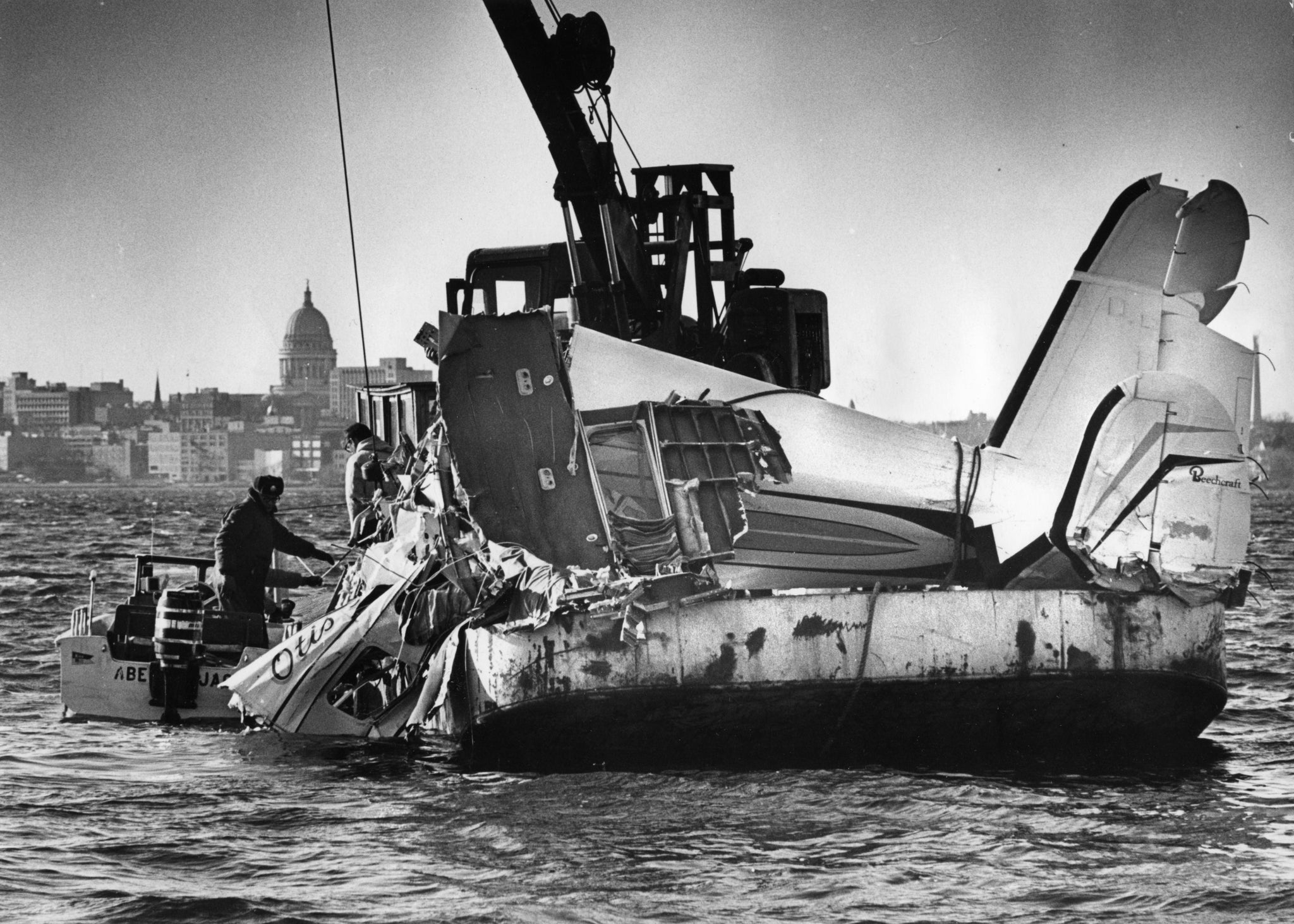 The wreckage of soul and R&B star Otis Redding's Beechcraft H18 aircraft being pulled out of Lake Monona in December 1967. The plane crashed in poor weather on December 10, killing Redding, fellow musicians Matthew Kelly, Jimmy King, Phalon Jones, Ronnie Caldwell, Carl Cunningham, and pilot Richard Fraser. -- Wisconsin State Journal