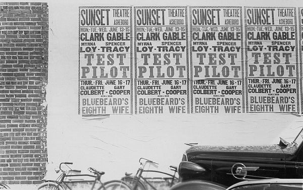 Advertisements for the 1938 films "Test Pilot" and "Bluebeard's Eighth Wife" playing at the Sunset Theatre in Asheboro. -- Courtesy of the Randolph County Public Library