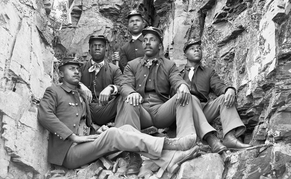 American soldiers in uniform at Fort Missoula, circa 1900. The men were United States Army soldiers of the 25th Infantry. -- Image umt010243, Courtesy Mansfield Library Archives, University of Montana