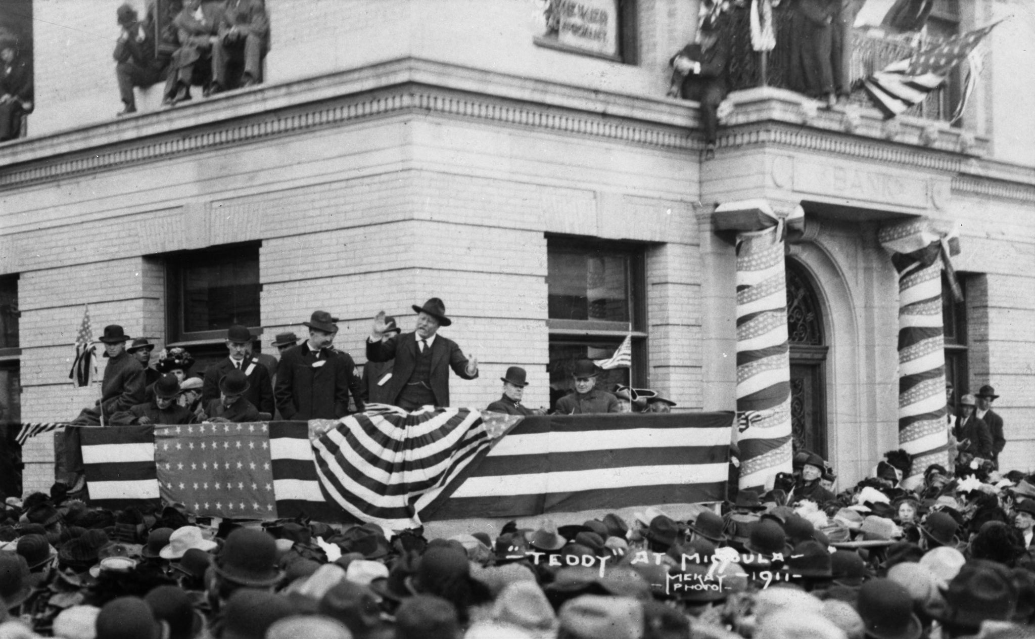Former president Theodore Roosevelt campaigning in front of the Western Montana Bank building in Missoula, circa 1911. -- Courtesy of Maureen and Mike Mansfield Library, The University of Montana-Missoula (UMT013882)