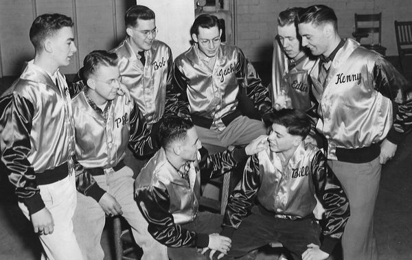 Natrona County High School student “Woman Haters Club,” 1942. Front row, from left: Vin Haley, Bill Drew. Back row: Jim Walsh, Phil Berry, Bob Burwell, Jack Corbridge, Eddie Beattie, Kenny Ludwig. -- Courtesy of Becky Steensland