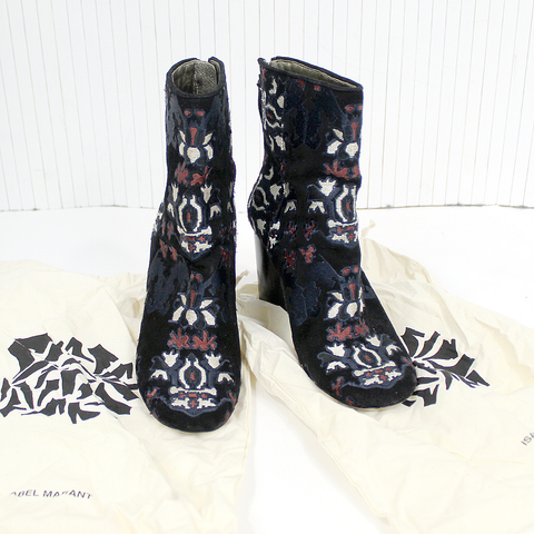 Isabel Marant $1480 Black Suede Guya Embroidered Ankle Boots 37