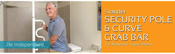 Stander Security Pole & Curve Grab Bar - Elderly Tension Mounted Transfer Pole + Bathroom Assist Grab Bar