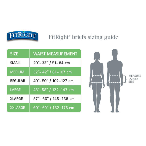 FitRight Basic Adult Incontinence Unisex Briefs with Tabs - Light Absorbency Case of 100 Size Guide