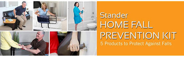 Stander 5 Piece Fall Prevention Kit - All in one Kit Includes Extendable Bed Rail, Chair Handle & Swivel Tray Table, Tension Mounted Grab Bar, Auto Grab Bar & Standing Handlev