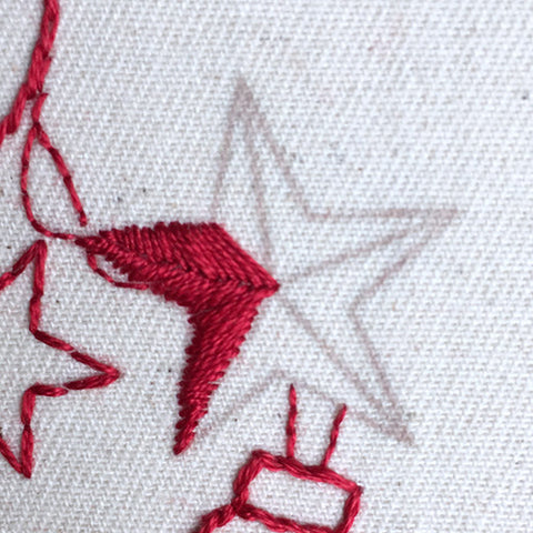 Close up of a star stitched with satin stitch