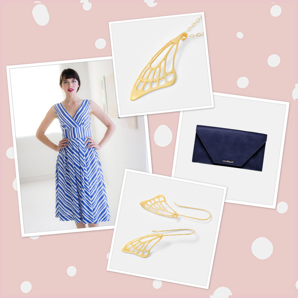 Striped blue dress with gold jewellery: Australian summer and Christmas fashion.