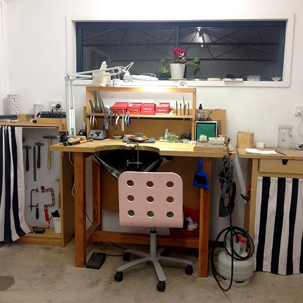 Jewellery bench in the studio of Simone Walsh.