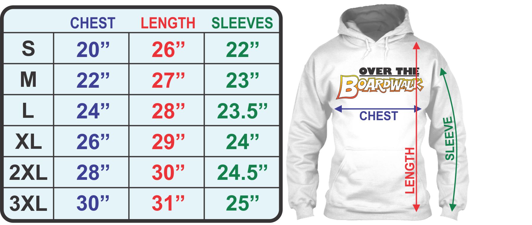 Adult Hoodie Size Chart - Over the Boardwalk Shirts