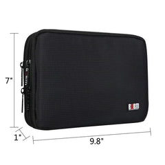 black travel organizer 7 inches tall by 9.8 inches long and 1 inch thick. Photo by Plentiful Travel, travel products.