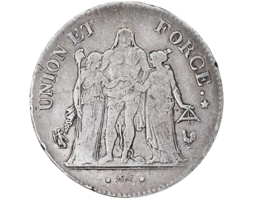 仏；ヘラクレス5Fr.大型銀貨、革命期、Rare