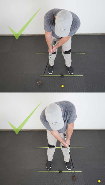 man using the swing align golf trainer to improve his golf swing putting the correct way