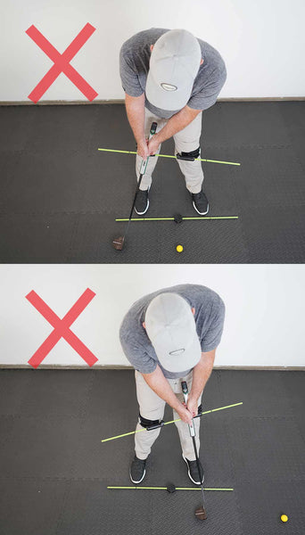 man using the swing align golf trainer to improve his golf swing putting the incorrect way