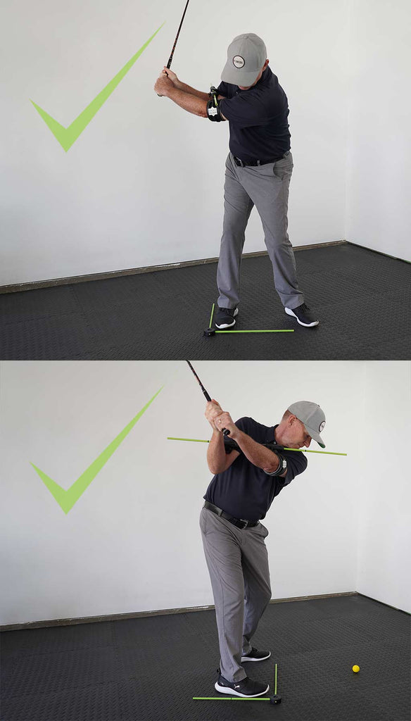 man using swing align golf swing trainer to rotate correctly in his backswing