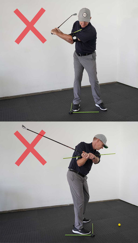 man using swing align golf swing trainer to rotate incorrectly in his backswing