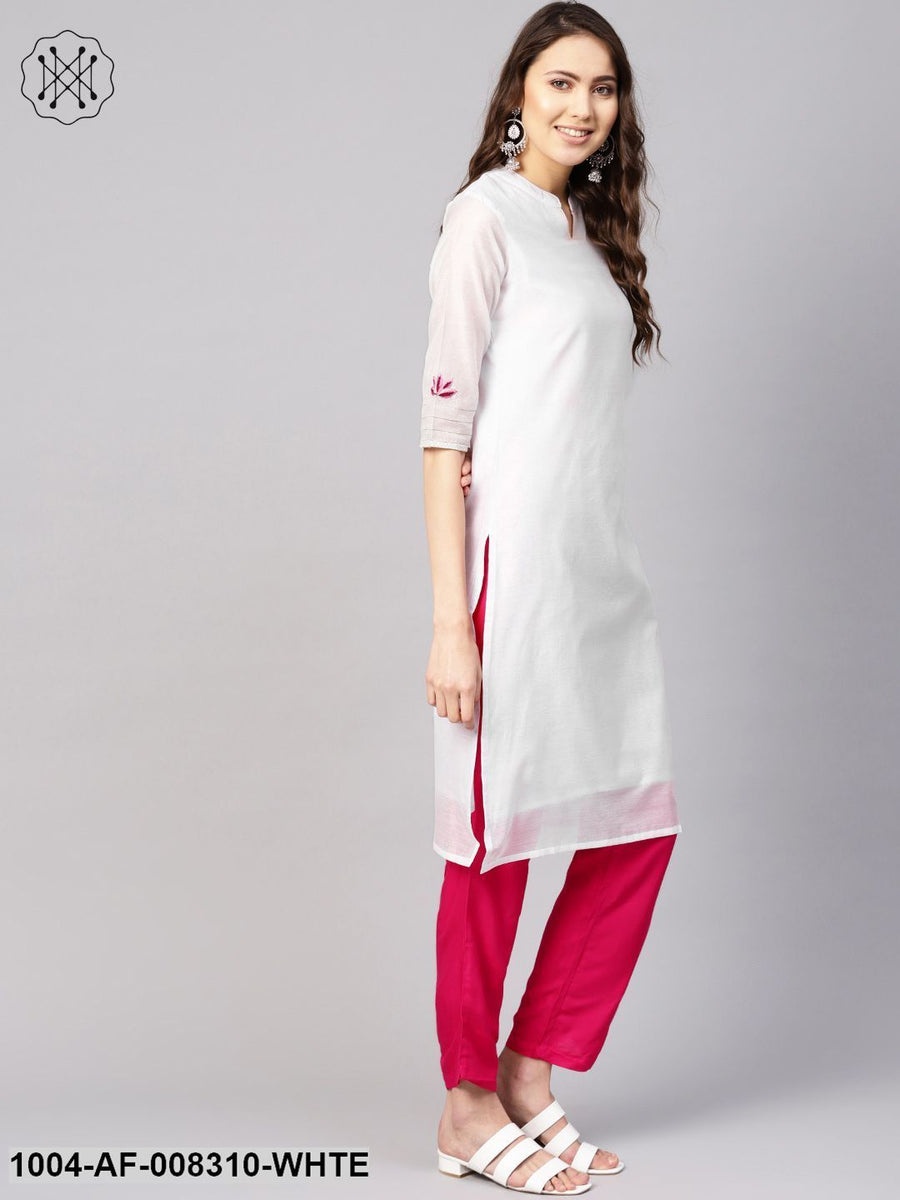 White And Pink 3/4Th Embroidered Sleeve Straight Kurta With Pants And