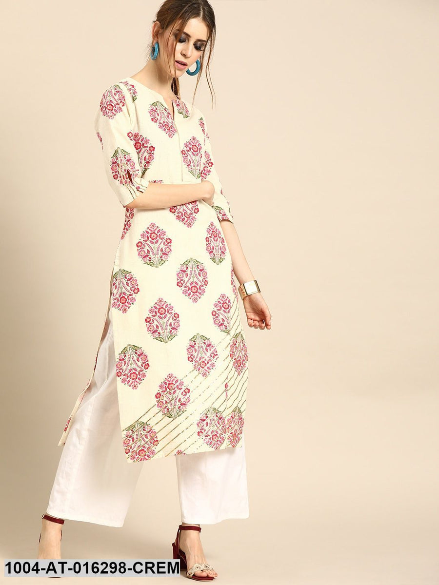 Cream Three-Quarter Sleeves Straight Ethnic Motifs Printed Cotton Kurt