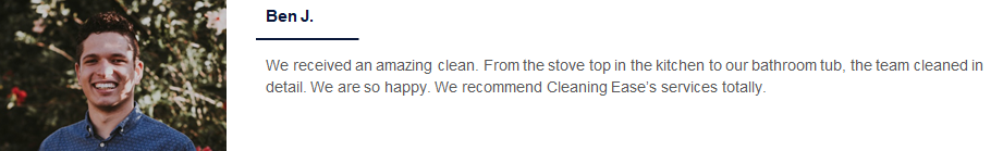 Smiling photo and home cleaning testimonial a man