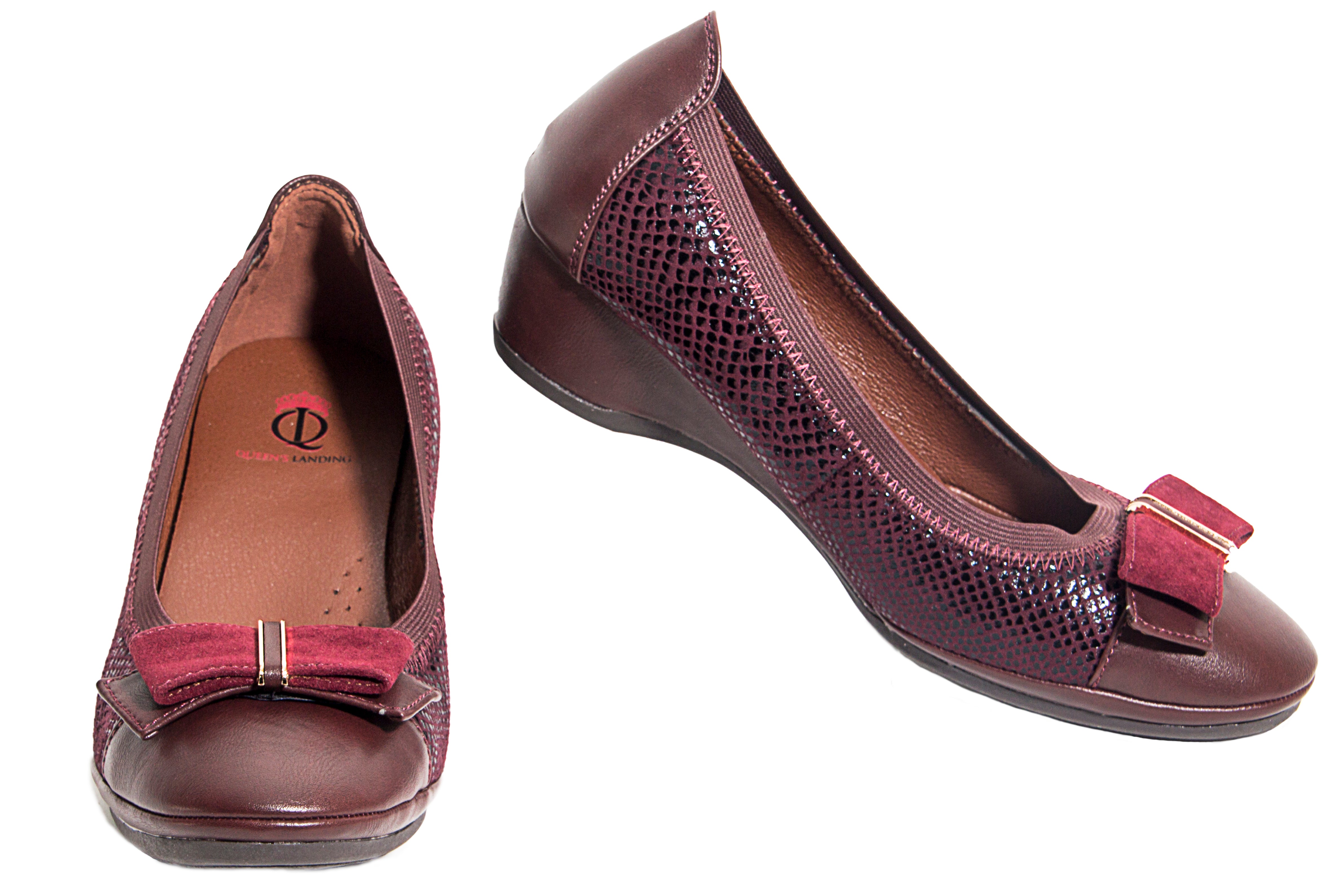 Beautiful Burgundy color comfortable wedge shoes with bow tie front