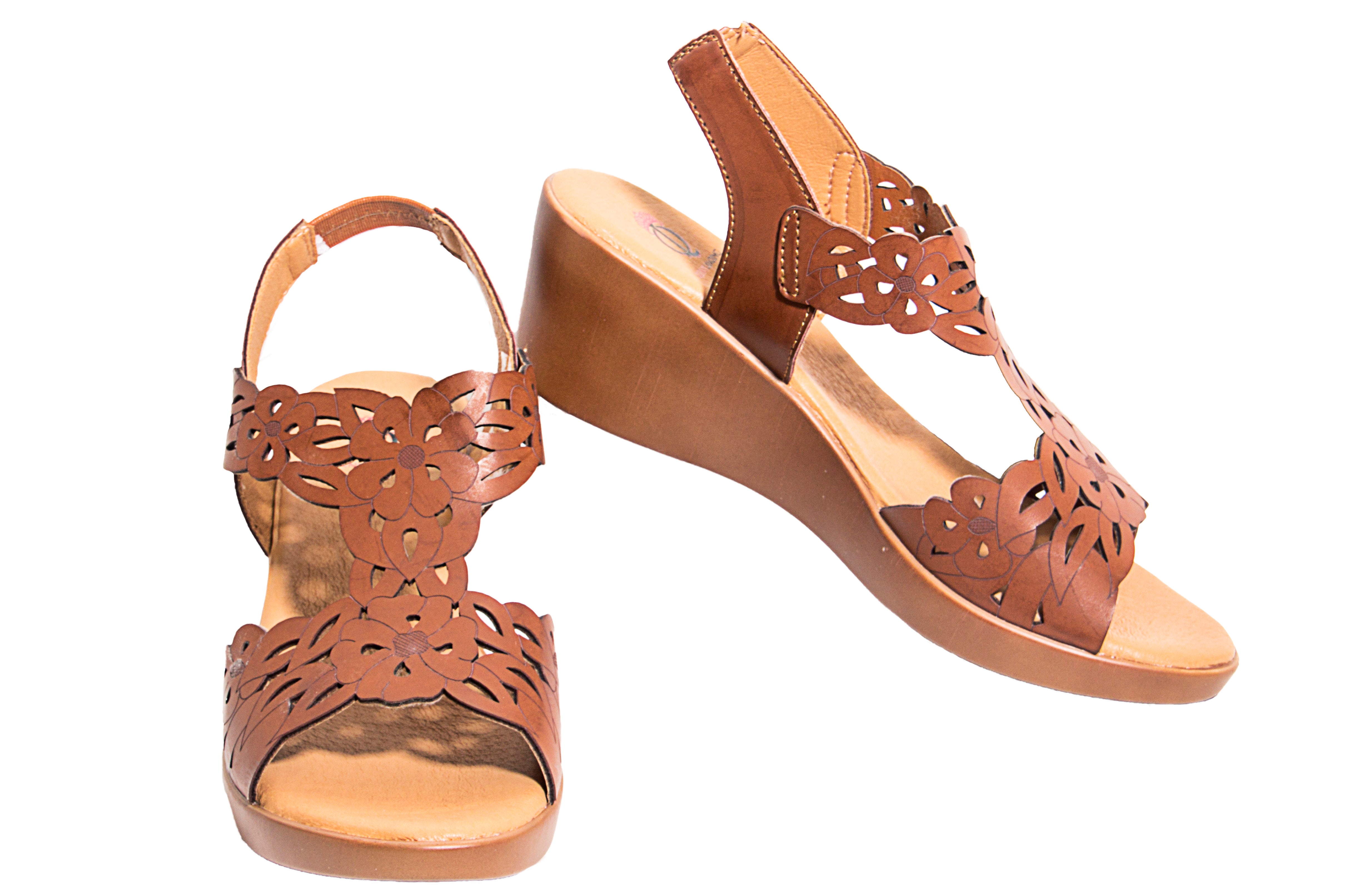 The georgous brown synthetic leather summer wedge sandal shoes with flower cut out