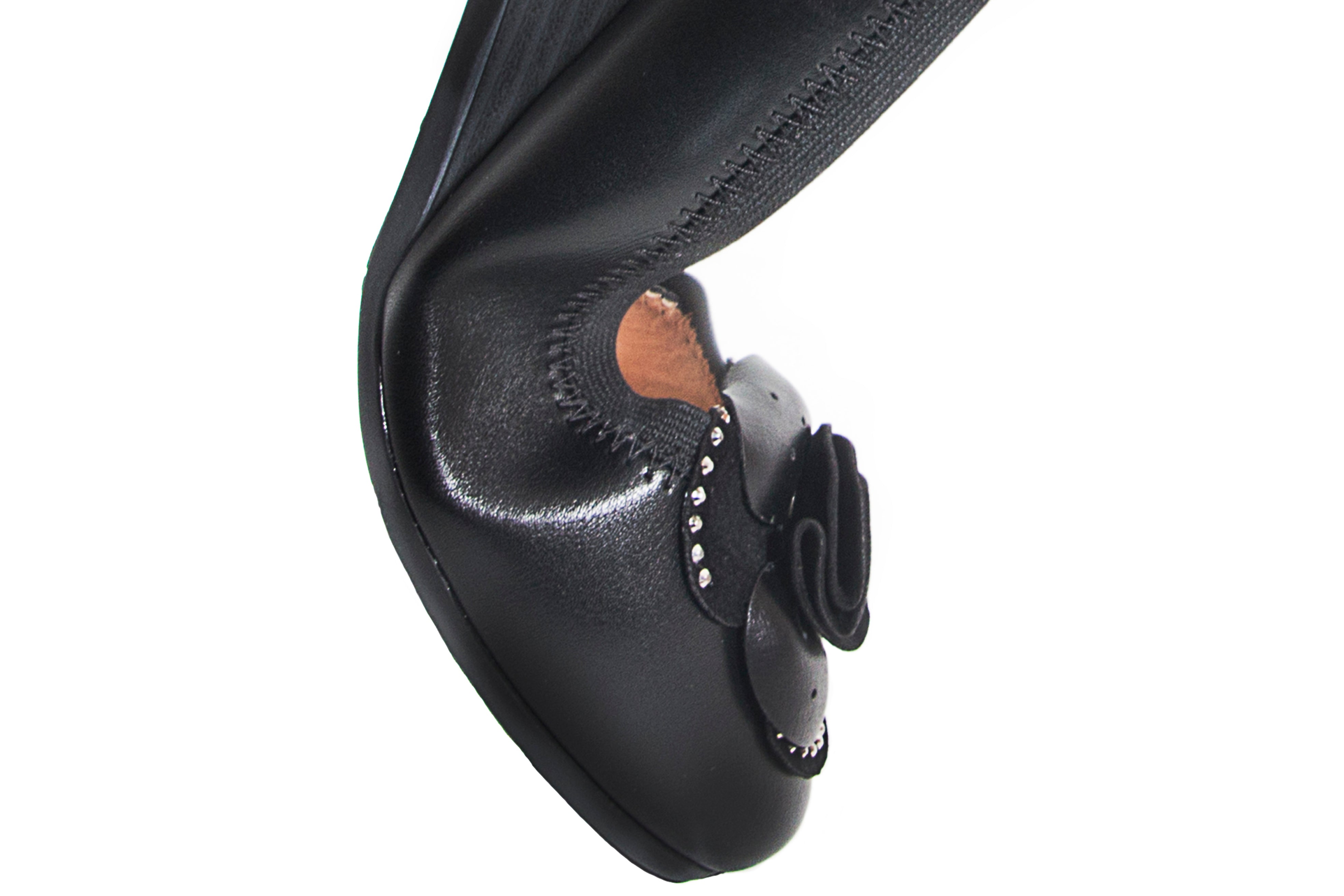Soft and comfie leather Black color slip on wedge shoes with big sparkley flower center piece on the front