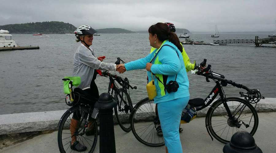 Getting congratulations from a tourist in Maine.