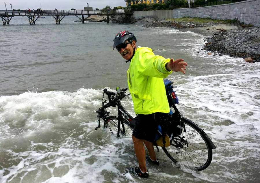 Dipping the front tire into the Atlantic!