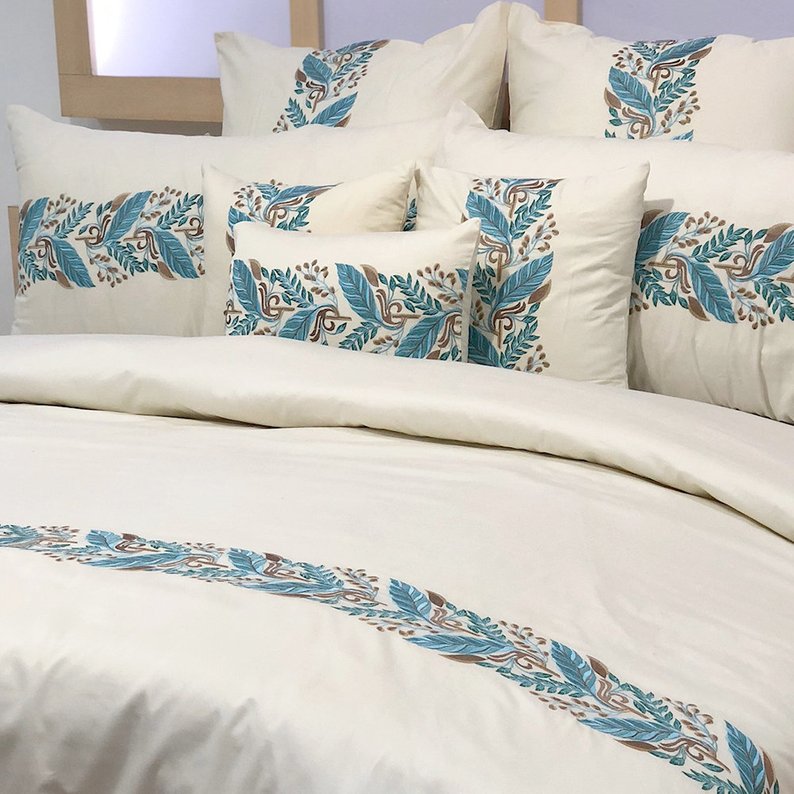 Ivory Blue Brown Cotton Duvet Cover Set Fern Embroidery The
