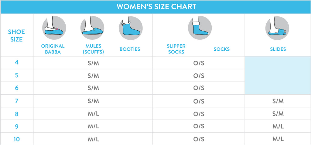 Women's Size Chart, Fuzzy Babba
