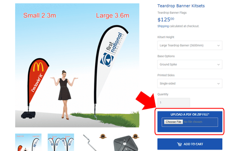 upload own design files for custom feather banner or teardrop banner flags