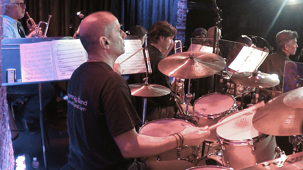 Photo of Ray Marchica playing in the Ed Palermo Big Band.