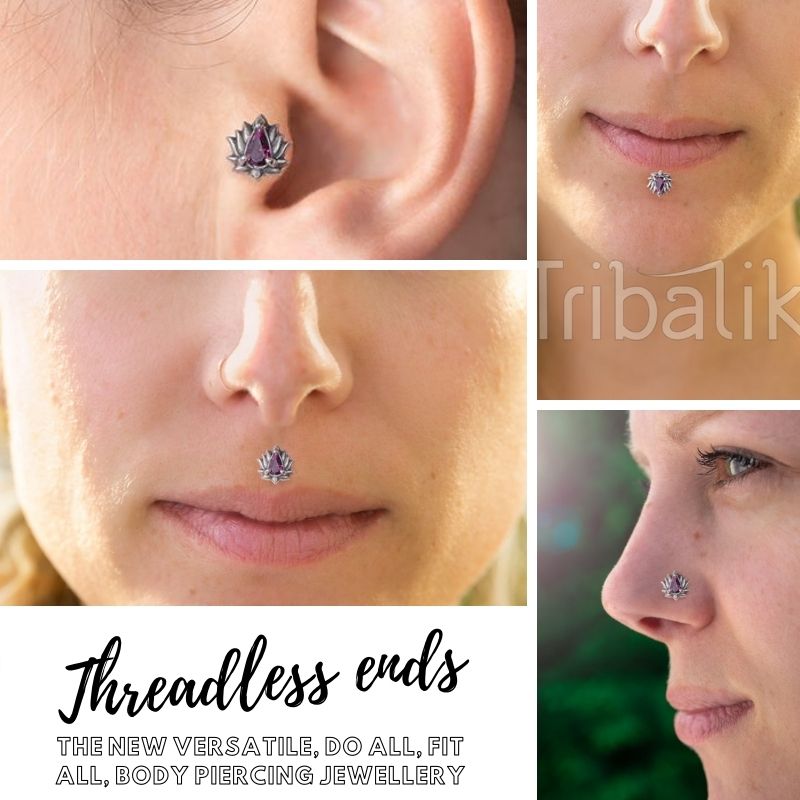 Grid of Threadless End piercing jewellery in multiple different piercings