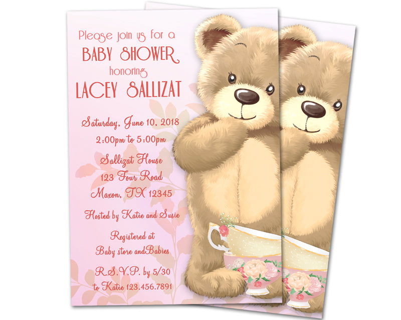 teddy bear girl baby shower invitations