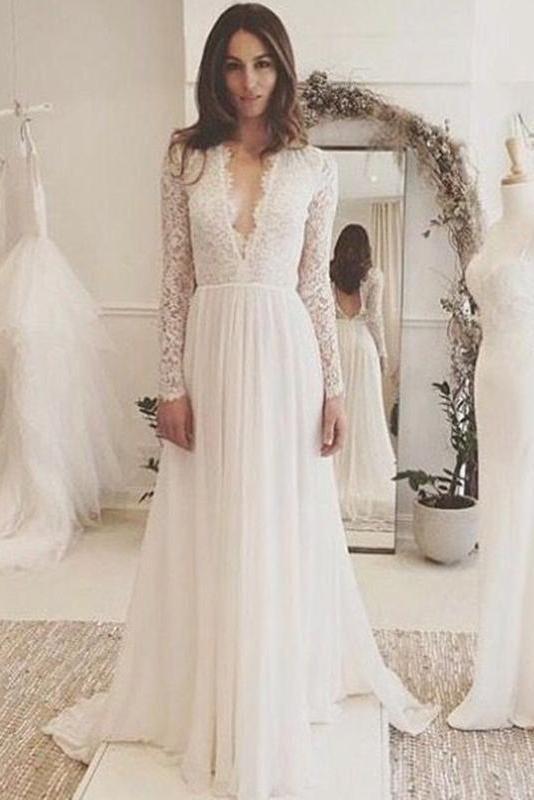 off white lace long sleeve wedding dress