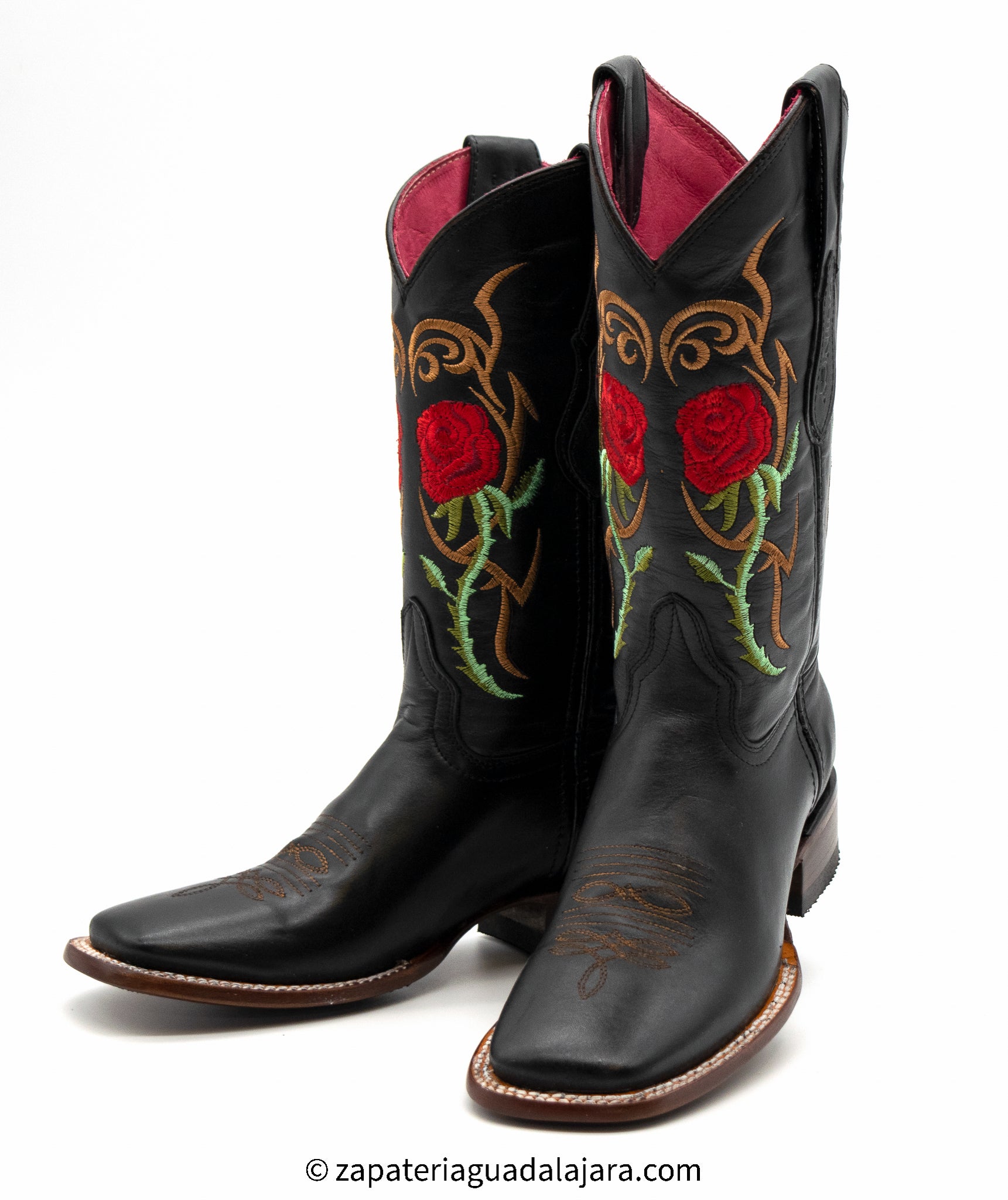 Q322R6205 WIDE SQUARE RED ROSES BLACK Genuine Leather Boots and Hats — Zapateria Guadalajara