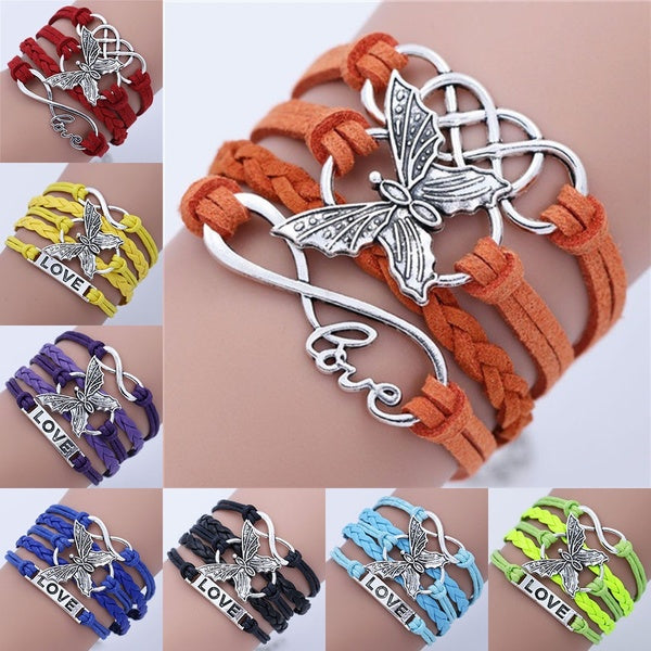 

Vintage Handmade Diy Multilayer Leather Infinity Love Butterfly Charm Chain Bracelet (Color: Multicolor) (red)