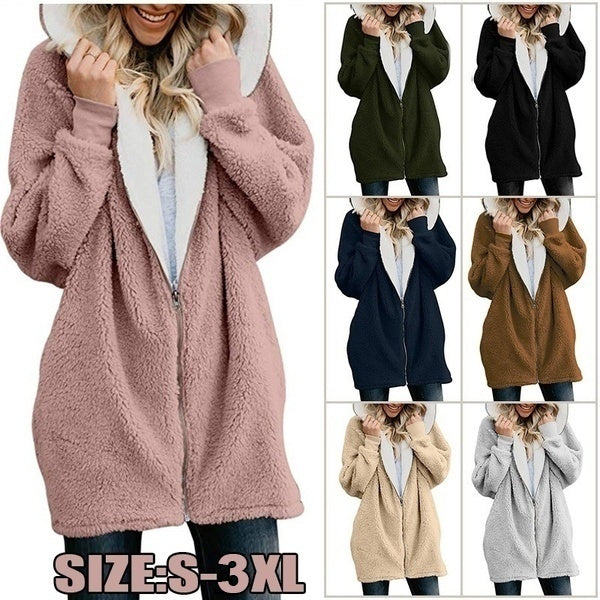 

Fashion Solid Color Long-sleeved Hooded Knit Cardigan Jacket Winter Warm Zipper Coat (M. / pink)