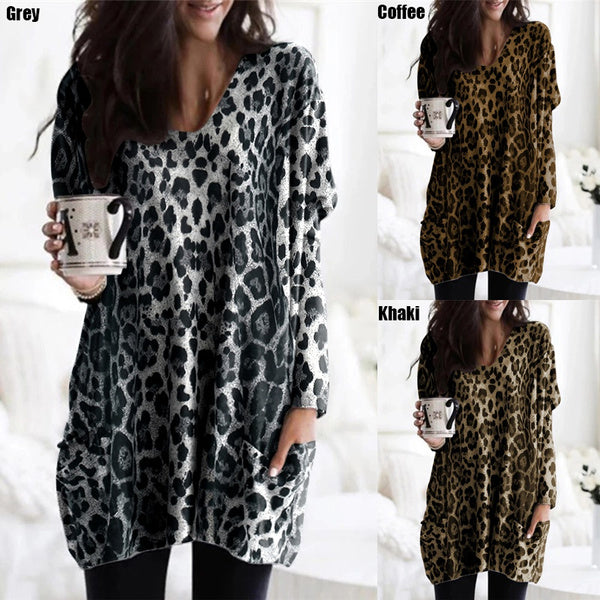 

New Spring 3 Colors Womens Animal Printed V Neck Baggy Long Blouses Casual Club Tops Plus (2XL / khaki)