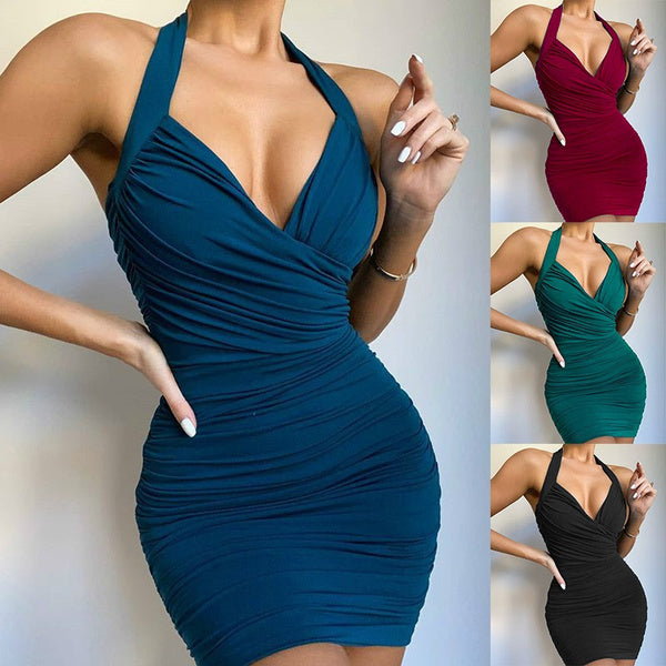 

Women Fashion Sleevelesss Dress Sexy Haler Bodycon Mini Dress Ladies Solid Color Nightclub Party Dress Casual Slim Fit Mini Dresses Plus Size (XS / green)