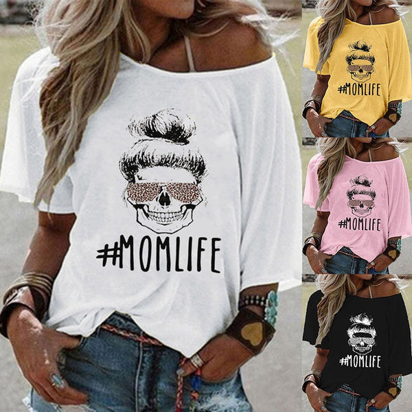 

Women Plus Size Short Sleeve Shirt Skull Letter Print Off Shoulder Mom Life Shirt Lady Loose Casual Tops Shirts Vintage Classic Blouse (S / yellow)