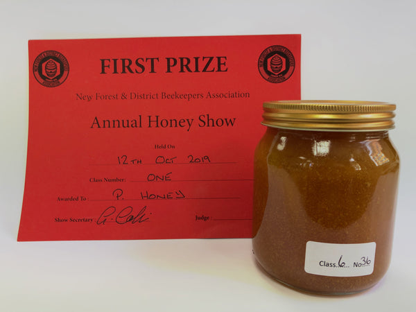 First Prize in 2019 Heather Honey category at the New Forest and District Beekeepers' Honey Show 